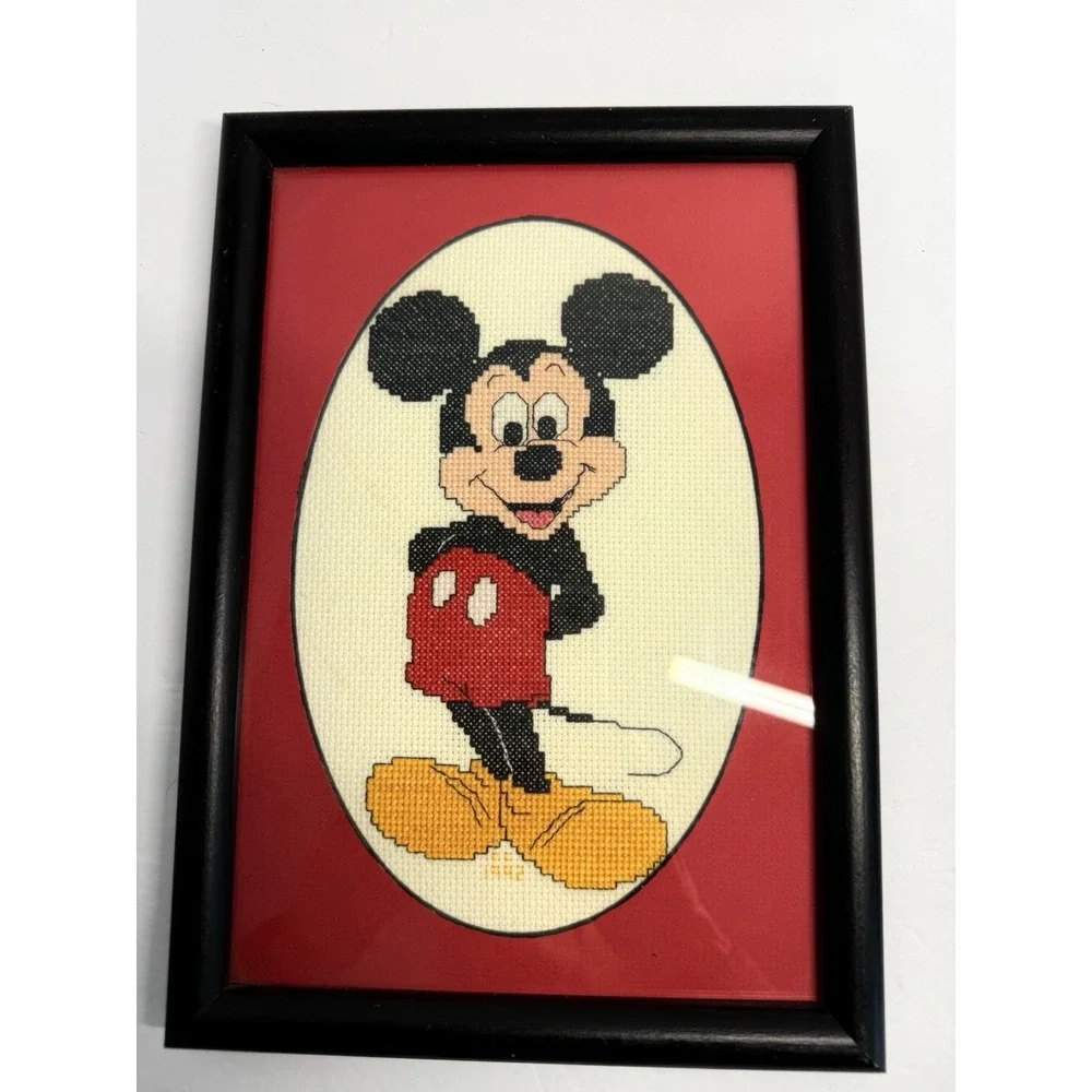 Vintage Mickey Mouse Handmade Framed Cross Stitch Disney Art Joy to Caroline